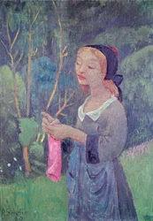 Junges Mädchen mit einem rosa Strumpf oder junge Bretonin beim Stricken, 1920